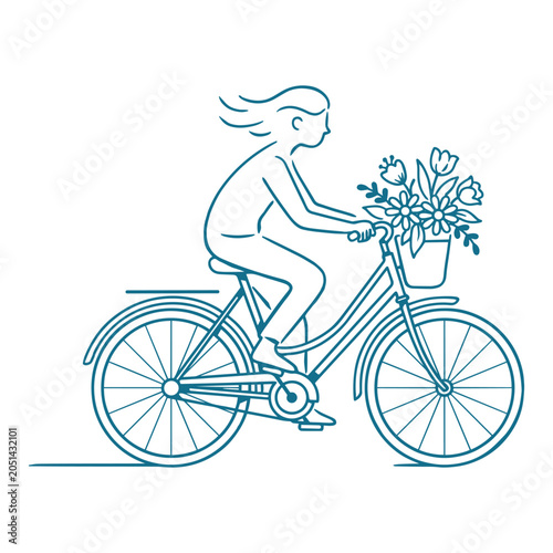 Woman Riding Bike With Flower Basket.