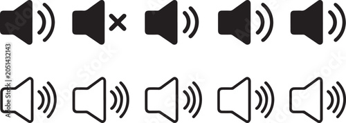Set of speaker icons with mute and sound on symbols