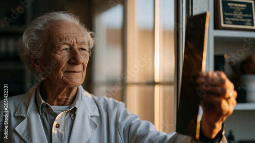 Elderly aerospace materials scientist holds carbon composite heat shield sample toward laboratory window light, testing scratches visible on material surface, retirement plaque