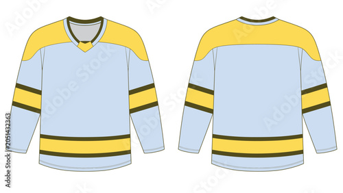 Photography Vector mockup template of a light blue long-sleeve hockey jersey with yellow shoulders and dark striped details, front and back view
