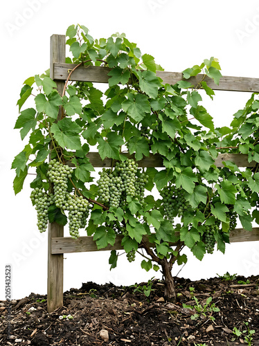 Isolated vineyard with unripe green grapes growing on a wooden fence, white background