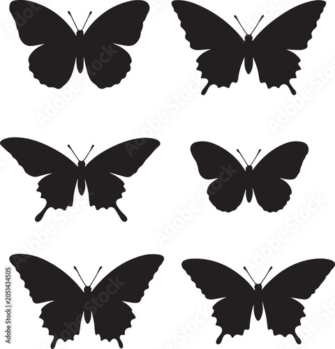 Black butterfly silhouettes collection, detailed insect wing shapes vector set isolated on white background