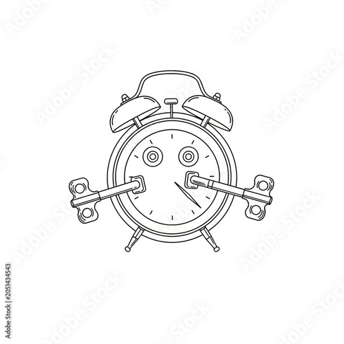 Classic Vintage Alarm Clock Line Art Illustration Isolated on White Background for Time Management