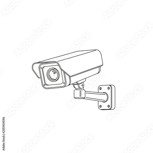 Black and White Linear Outline Illustration of a Security Surveillance Camera Mounted on a Wall for Safety Monitoring Systems