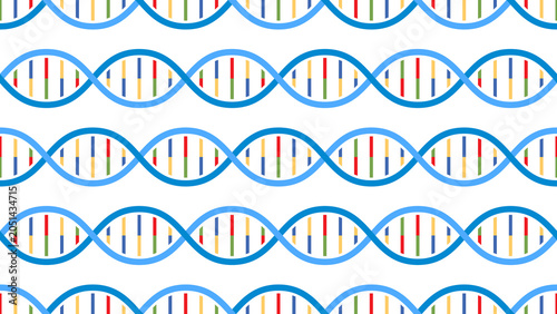 Seamless vector pattern featuring colorful DNA double helix strands on a transparent background for genetics, biotechnology, molecular biology, scientific designs, and educational materials.