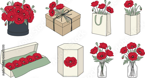 Quadro su tela Red Poppy Flower Gift Collection with Floral Bouquets, Packaging Boxes, Shopping