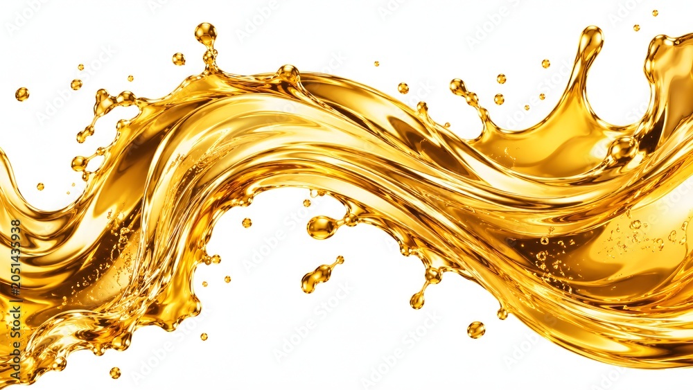 Fototapeta premium Dynamic splash of golden liquid or oil isolated on a clean white background. This high detail illustration is perfect for cooking oil marketing, fuel industry, and luxury skin care ads.