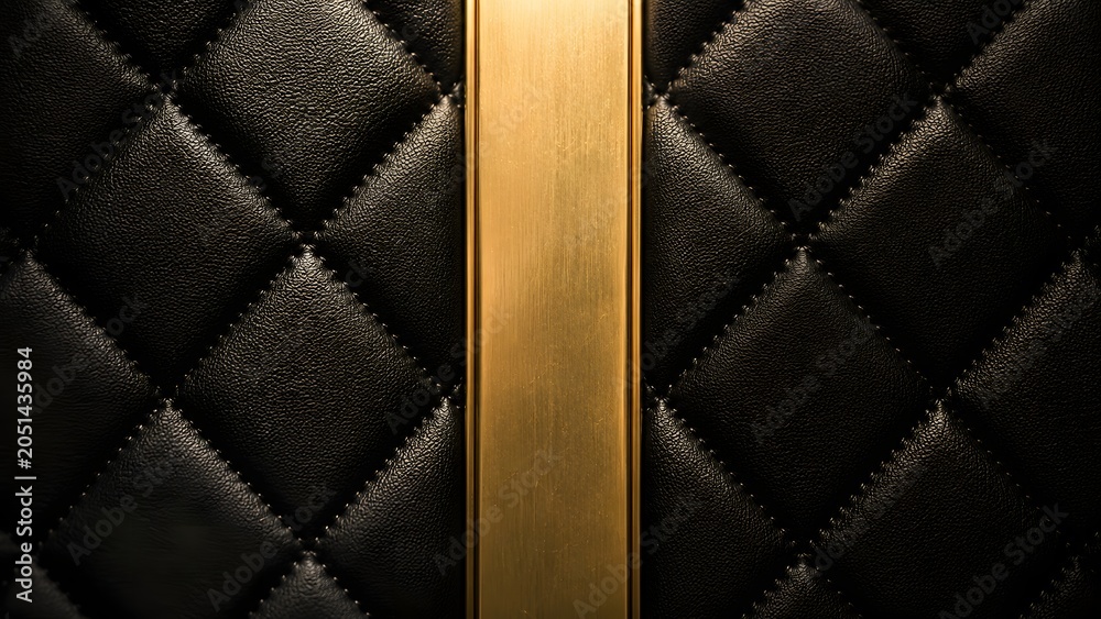 Fototapeta premium Luxury black quilted leather texture featuring a vertical polished gold metallic bar. Perfect for high end fashion branding, premium automotive upholstery, and luxury product packaging.
