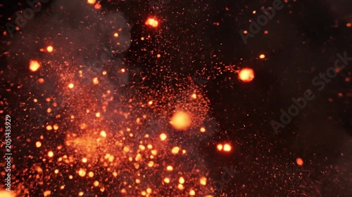 Glowing embers, sparks flying, fiery particles, burning ash, dark background