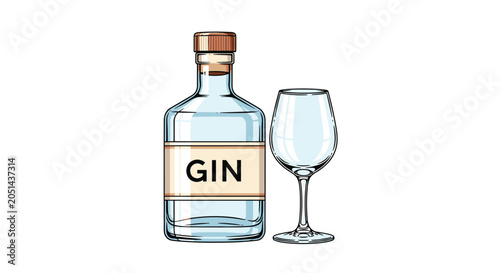 Glass bottle of gin with empty drinking glass on white background for alcohol beverage branding and cocktail menu design.