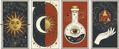 Photography Mystical Tarot Card Collection with Celestial Sun and Moon, All Seeing Eye, Zodi