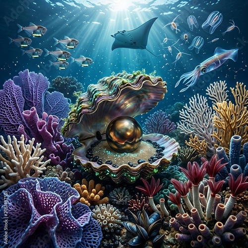 A giant clam opens to reveal a glowing golden pearl, surrounded by vibrant coral and marine life under the sunlit sea.