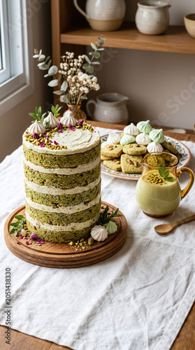 Pistachio layer cake with cookies