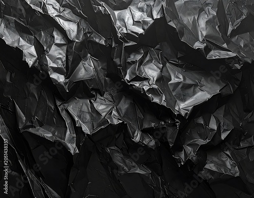 A crumpled, dark material with shiny, reflective surfaces