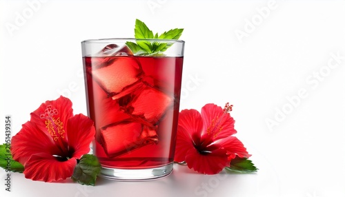 hibiscus iced tea cold red herbal drink sweet and tart vibrant ruby refreshing summer healthy thirst quencher isolated tasty