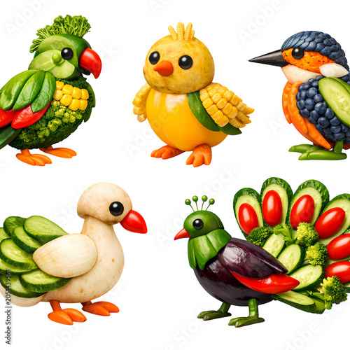 Adorable parrot and chick made of fresh vegetables on transparent background.