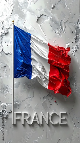 A crumpled French flag on a gray textured background with the word FRANCE