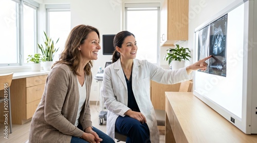 Female dentist reviewing dental X-rays with a smiling patient in a bright clinic