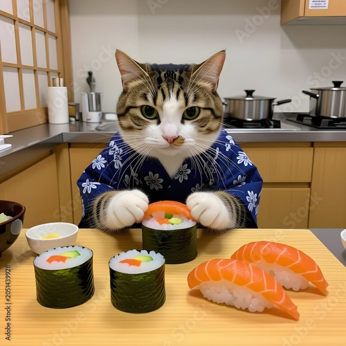 tabby cat wearing a blue floral kimono preparing sushi 
