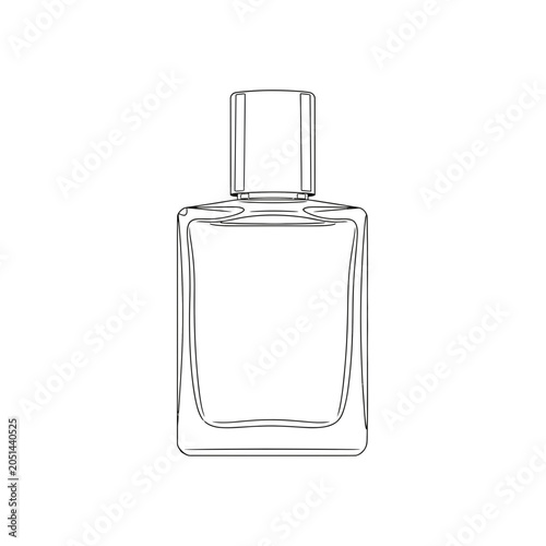 Simple illustration of a clear glass perfume bottle with a cap and square base on a white background