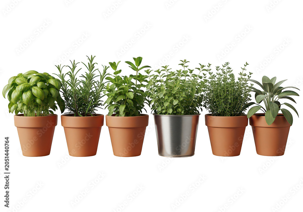 Fototapeta premium A row of six potted culinary herbs including basil, rosemary, mint, oregano, thyme, and sage in clay and... isolated on a transparent background