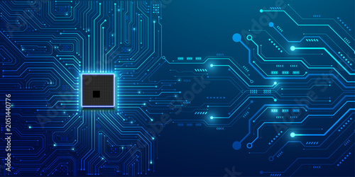 Foto Abstract futuristic circuit board pattern with glowing processor unit over dark blue background for technology concept