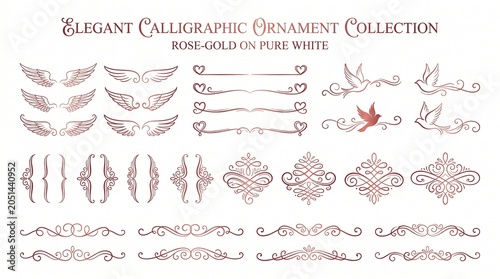 Elegant Rose Gold Calligraphic Ornaments Collection Featuring Wings Birds Brackets and Swirls on White Background