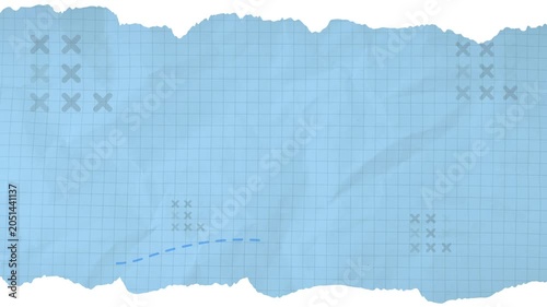 Animated blue torn grid paper background with moving abstract cross marks and dashed lines, suitable for ads, social media, promotion, etc. 4K footage.