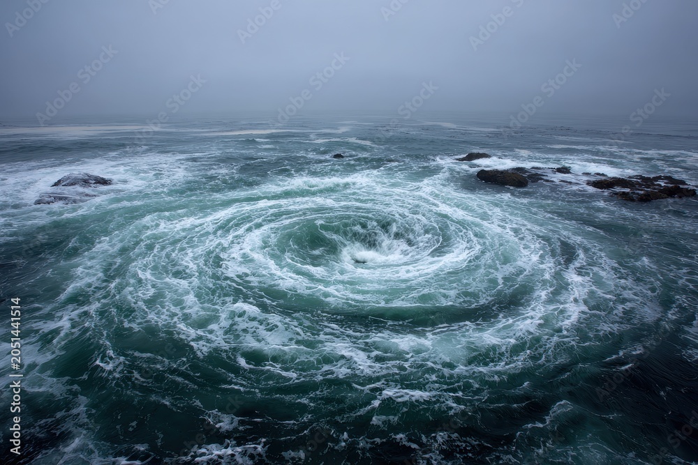 Obraz premium Circular water vortex in rough seas: deep blue tones, mist and dynamic motion
