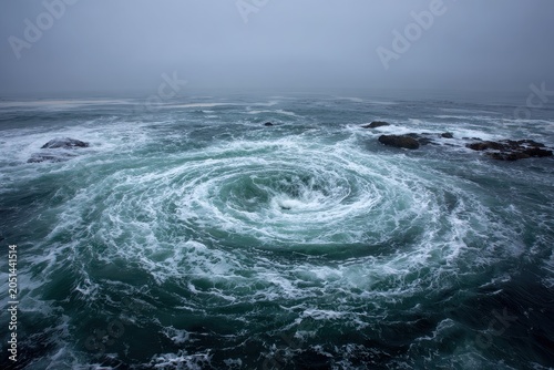 Circular water vortex in rough seas: deep blue tones, mist and dynamic motion