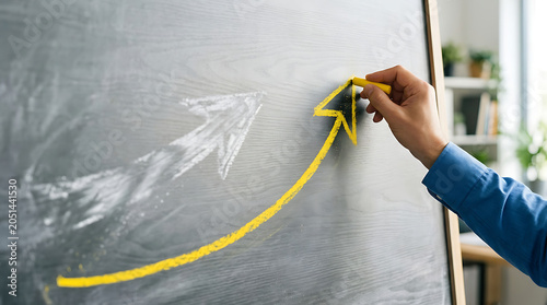 Hand drawing a yellow upward arrow on a chalkboard to represent business growth