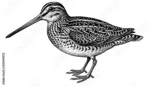 Fotografía Snipe Vintage Engraving Vector Illustration Black and White Wading Bird Isolated
