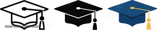 Fényképezés Three variations of graduation caps including a black outline a solid black silh