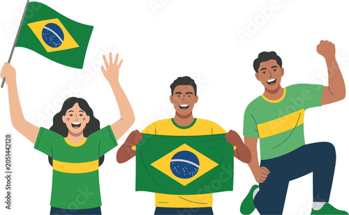 Fotografie Three happy brazilian soccer fans wearing green and yellow shirts cheering and h