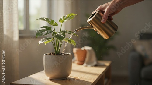 Closeup of a person watering a small monstera plant in a pot on a wooden table