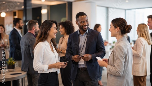 Diverse professionals networking and chatting at a modern office event during a business gathering