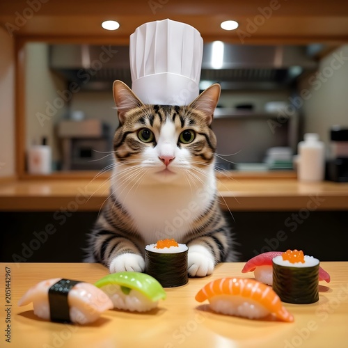tabby cat wearing a white chef hat preparing sushi 