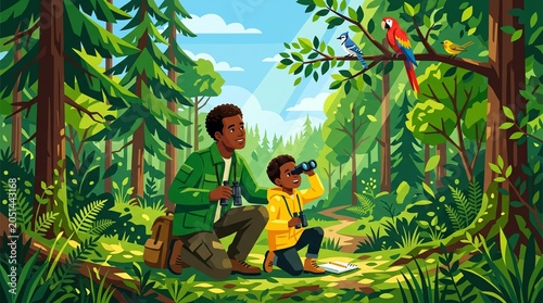 Father and son birdwatching in a lush green forest with colorful birds on a branch