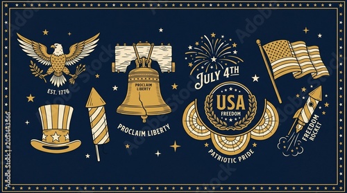 American Independence Day celebration elements including eagle, Liberty Bell, fireworks, USA flag, Uncle Sam hat, and rockets