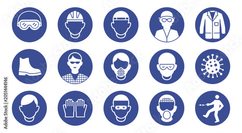 Bild auf Leinwand Safety equipment icon set, work site mandatory warning signs, blue circle alert danger symbols, required protection notice vector illustration