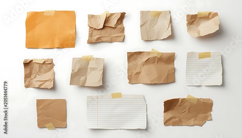 Collection of nine crumpled paper notes with tape affixed arranged on a white background torn adhesive scotch scraps