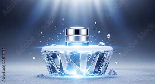 Luxury Glass Cream Jar Displayed on Crystal Platform in Icy Blue Studio