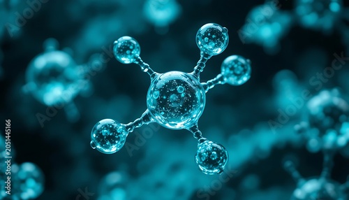 Abstract 3D rendering of blue molecular structure representing chemical science technology, scientific research, pharmaceutical development and medical innovation