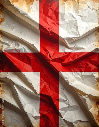 A crumpled piece of paper with a white and red cross design