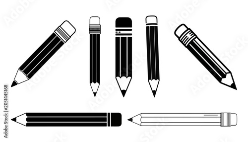 A collection of seven pencil vector illustrations featuring different angles, sizes, and styles including solid black silhouettes and clean outlines with erasers. Isolated on a white background.