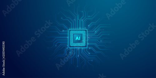 Artificial intelligence concept with glowing AI text on futuristic microchip over abstract circuit board background.