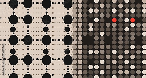 Contemporary dotted pattern featuring large black dots on white, and a mosaic of smaller multicolored dots on dark background, perfect for modern design, textiles, wallpapers, and artistic projects
