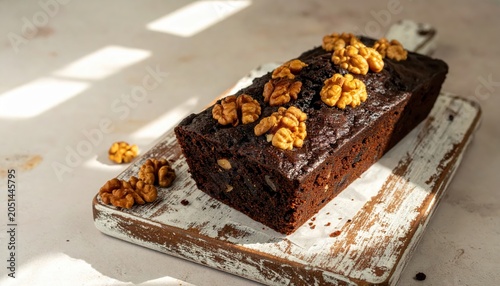 Rich Dark Fruitcake Studded with Walnuts and Dried Figs on a Rustic Wooden Board