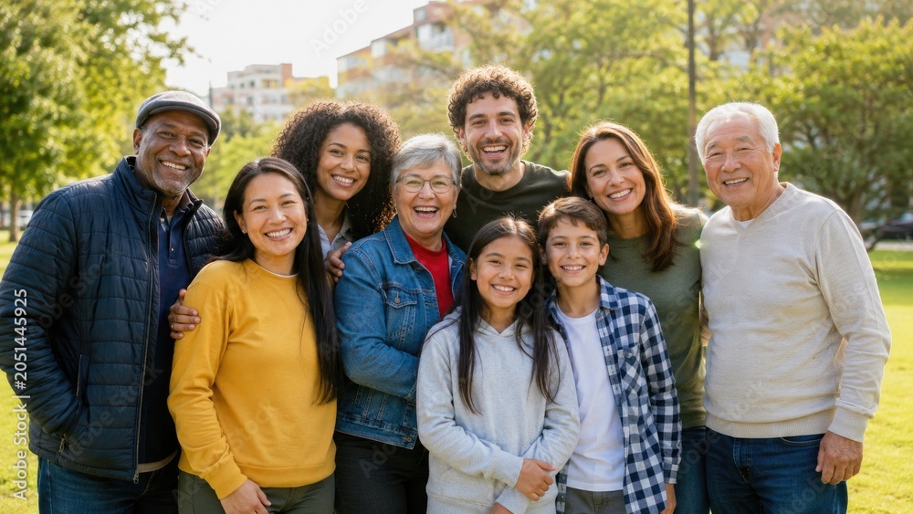 Obraz premium Smiling multigenerational diverse family group outdoors in a sunny park