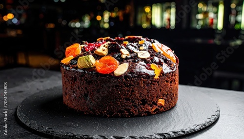 Rich, Dark Fruitcake Topped with Dried Fruits and Nuts, Presented on a Moody Slate Platter